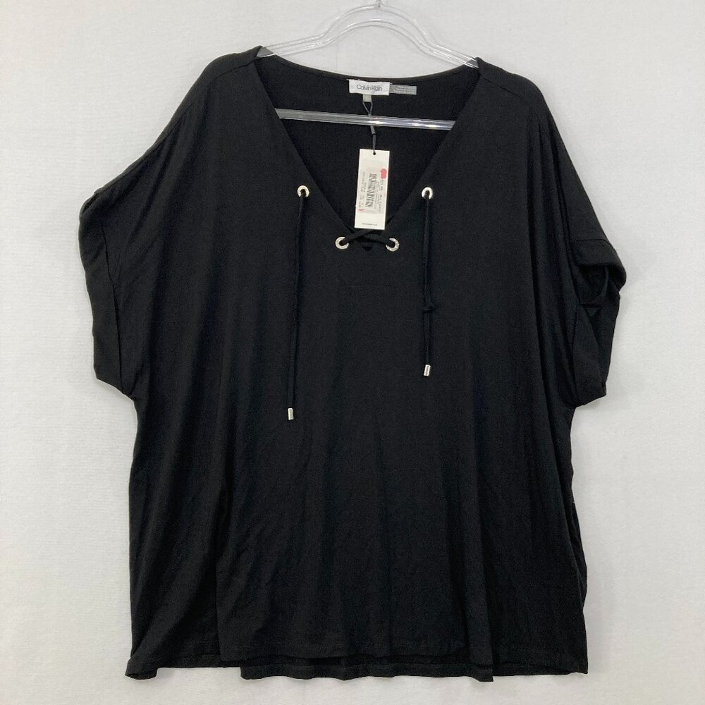 New Calvin Klein size 2X Black Stretch Knit V Neck Lace Detail Relax Slouchy Top